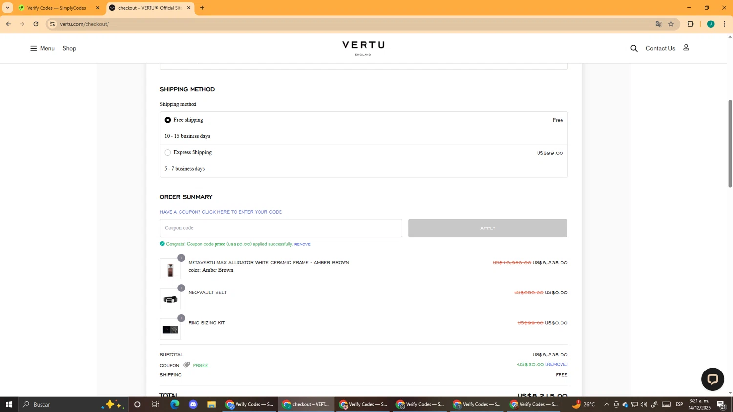 Vertu promo code screenshot showing code PRSEE applied at Vertu checkout page. Uploaded by SimplyCodes community member DealScout5970 on Dec 14, 2025