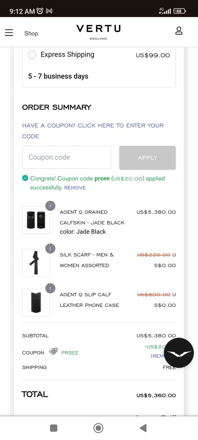 Vertu checkout page showing Vertu promo code box | Screenshot taken by SimplyCodes community member on Feb 20, 2026