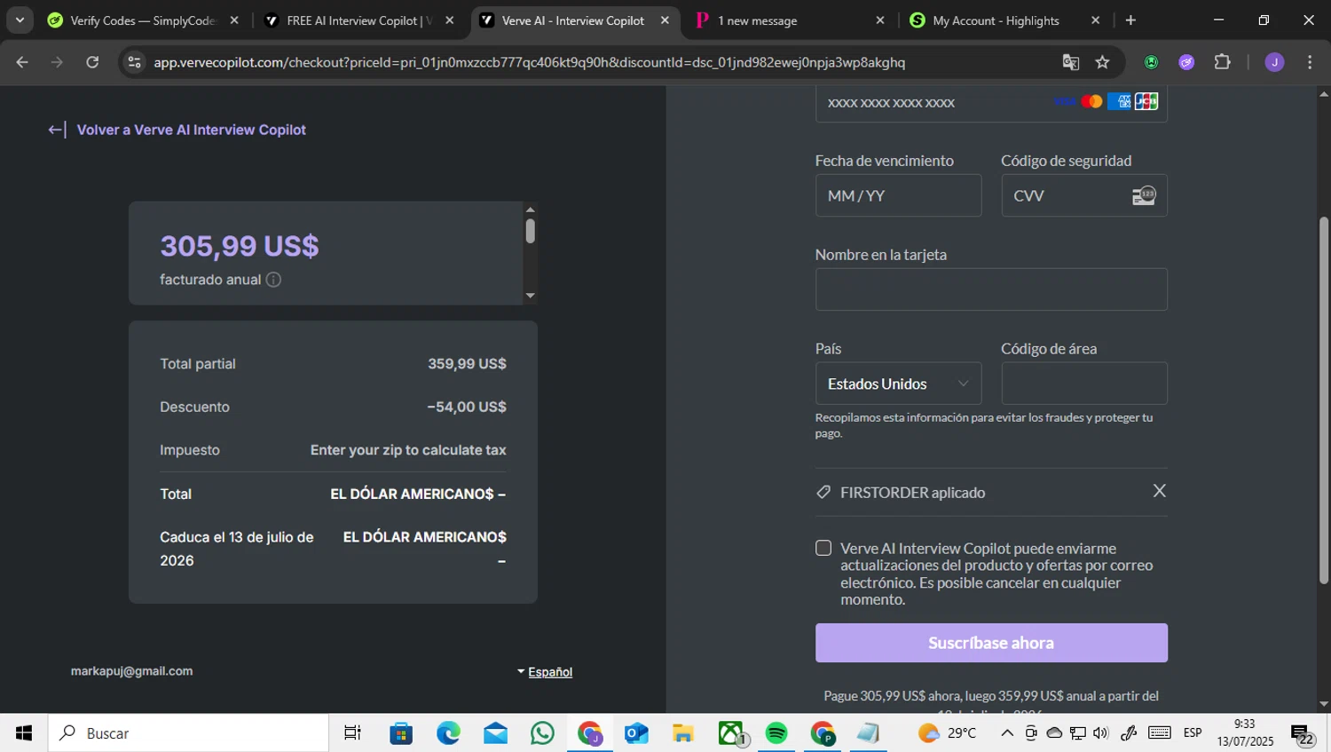 Verve AI checkout page showing Verve AI discount code box | Screenshot taken by SimplyCodes community member on Jul 13, 2025
