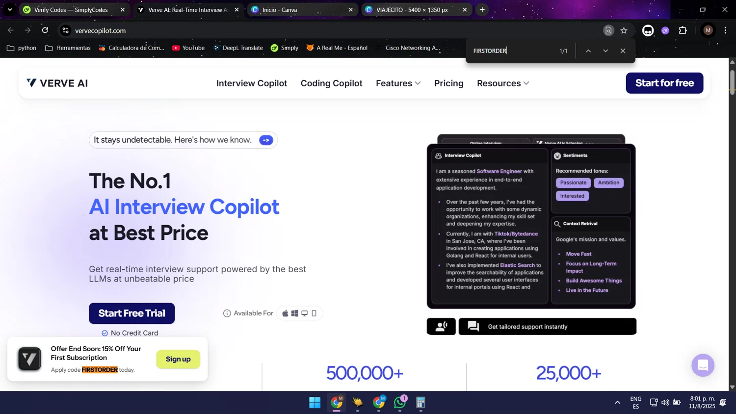 Verve AI checkout page showing Verve AI discount code box | Screenshot taken by SimplyCodes community member on Aug 12, 2025