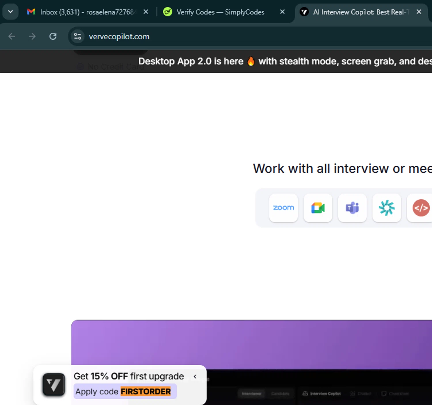 Verve AI discount code screenshot showing code FIRSTORDER applied at Verve AI checkout page. Uploaded by SimplyCodes community member VoucherHero6322 on Nov 6, 2025