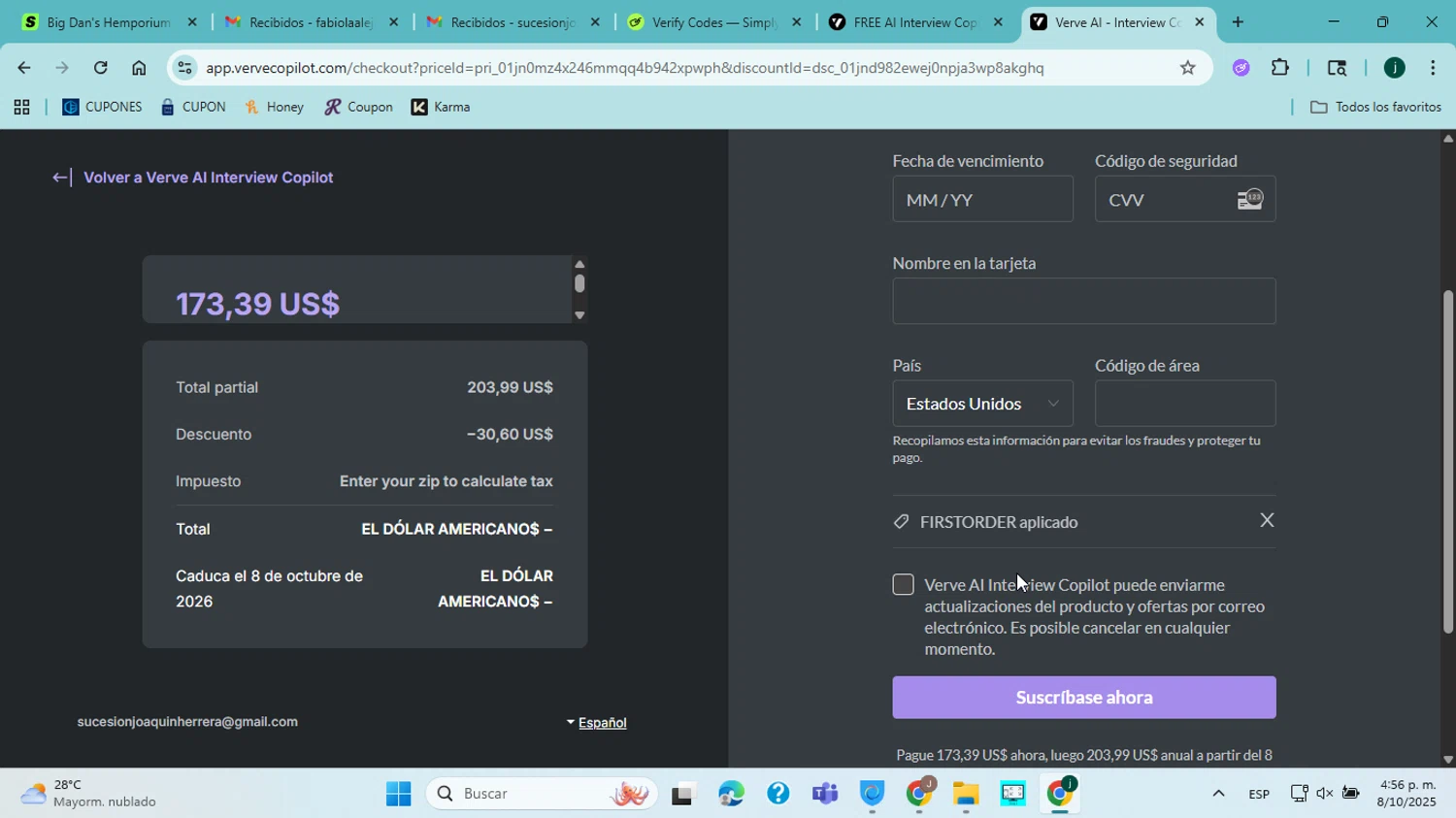 Verve AI checkout page showing Verve AI discount code box | Screenshot taken by SimplyCodes community member on Oct 8, 2025