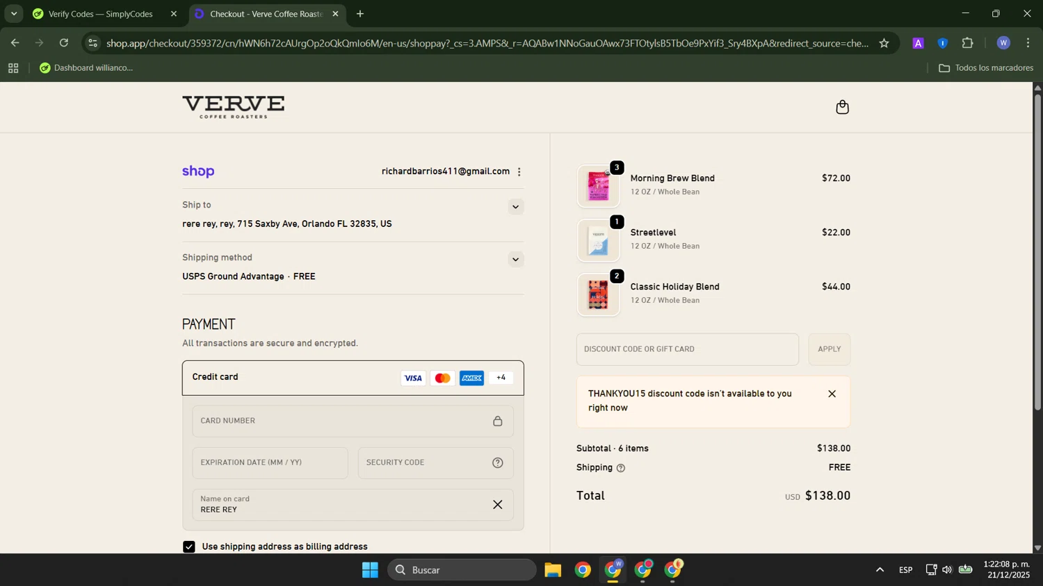 Verve Coffee Roasters discount code screenshot showing code THANKYOU15 applied at Verve Coffee Roasters checkout page. Uploaded by SimplyCodes community member ThriftyTracker446 on Dec 21, 2025