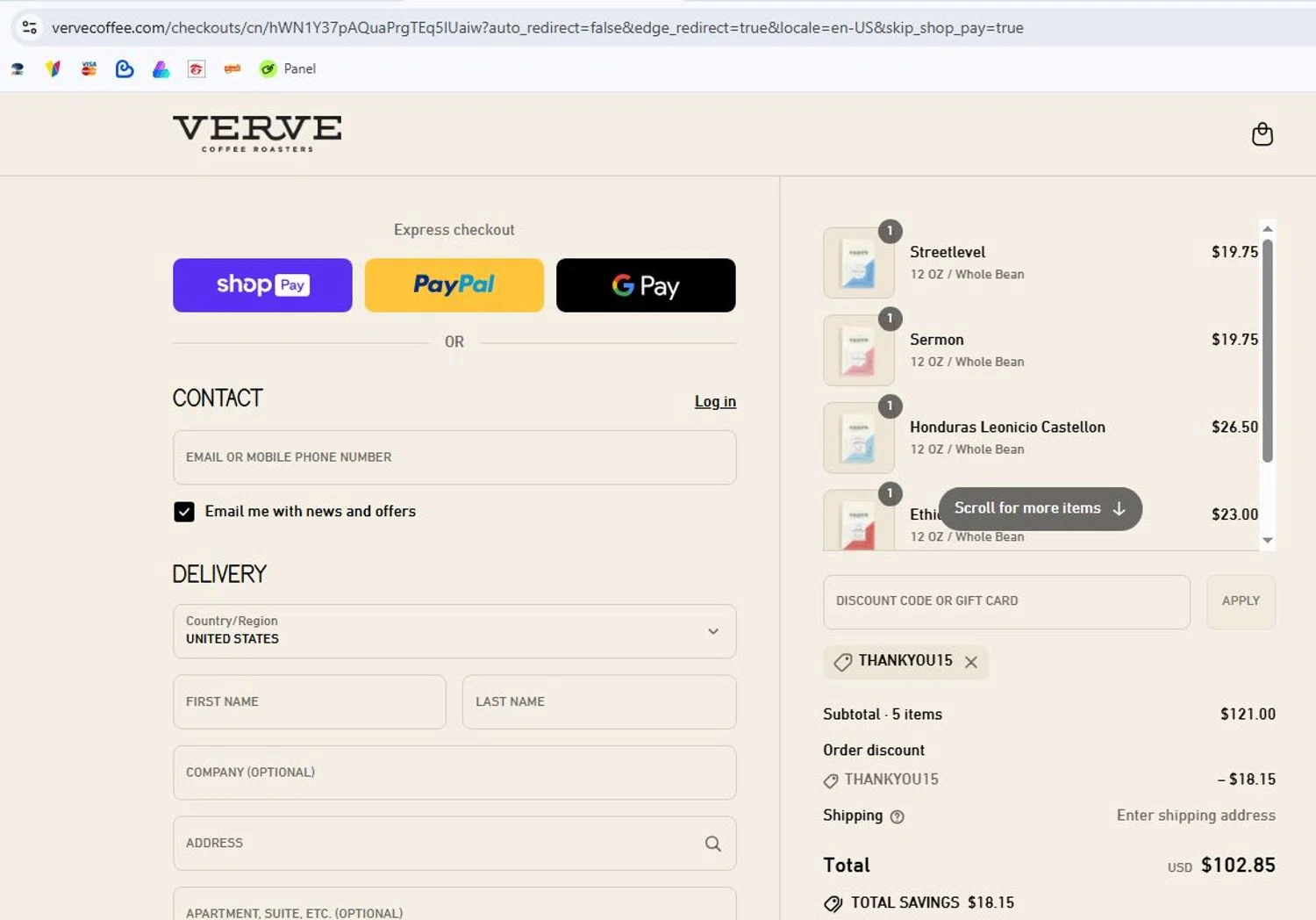 Verve Coffee Roasters discount code screenshot showing code THANKYOU15 applied at Verve Coffee Roasters checkout page. Uploaded by SimplyCodes community member javierarias on Aug 8, 2025