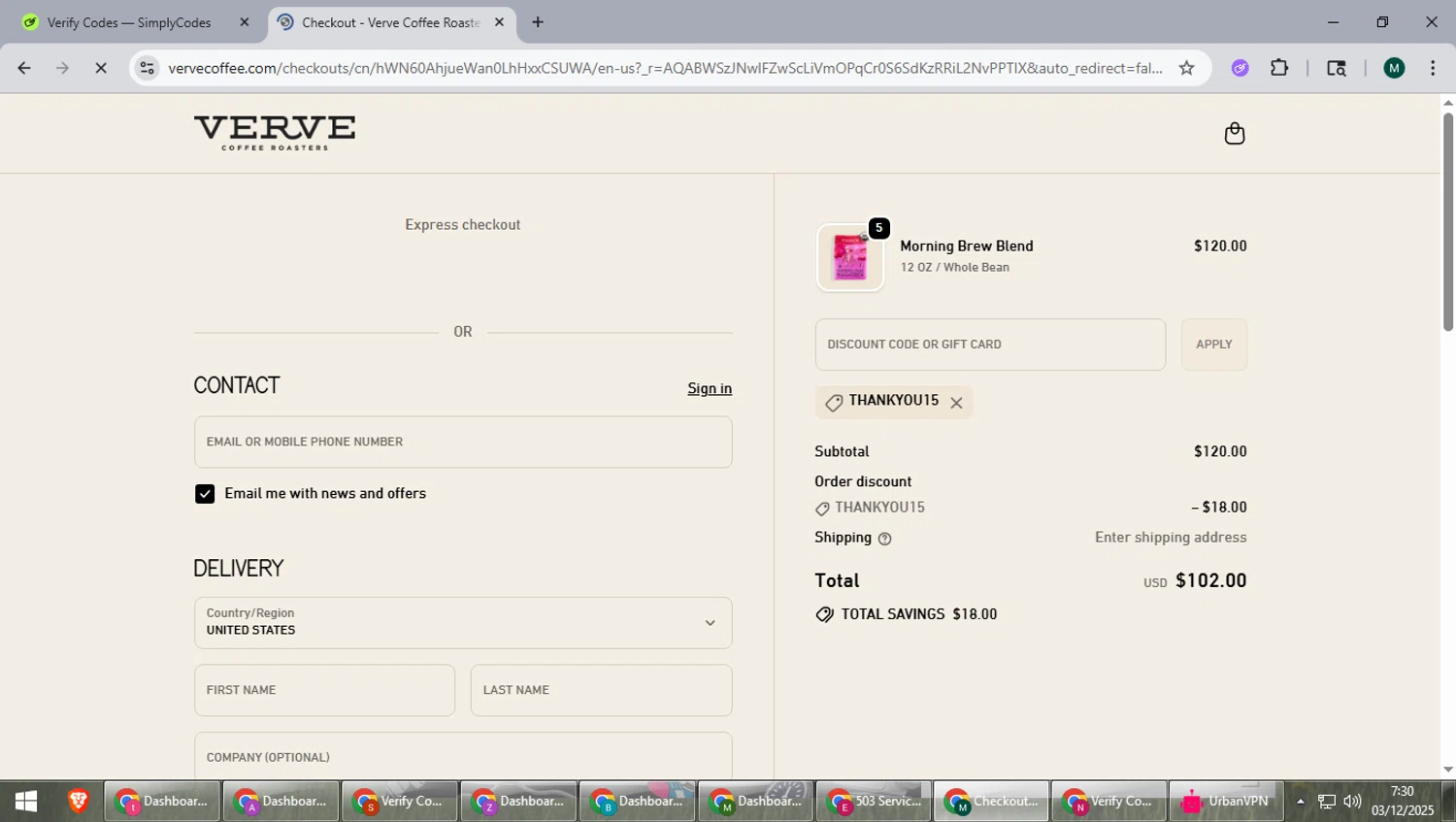 Verve Coffee Roasters discount code screenshot showing code THANKYOU15 applied at Verve Coffee Roasters checkout page. Uploaded by SimplyCodes community member suieeloves on Dec 3, 2025