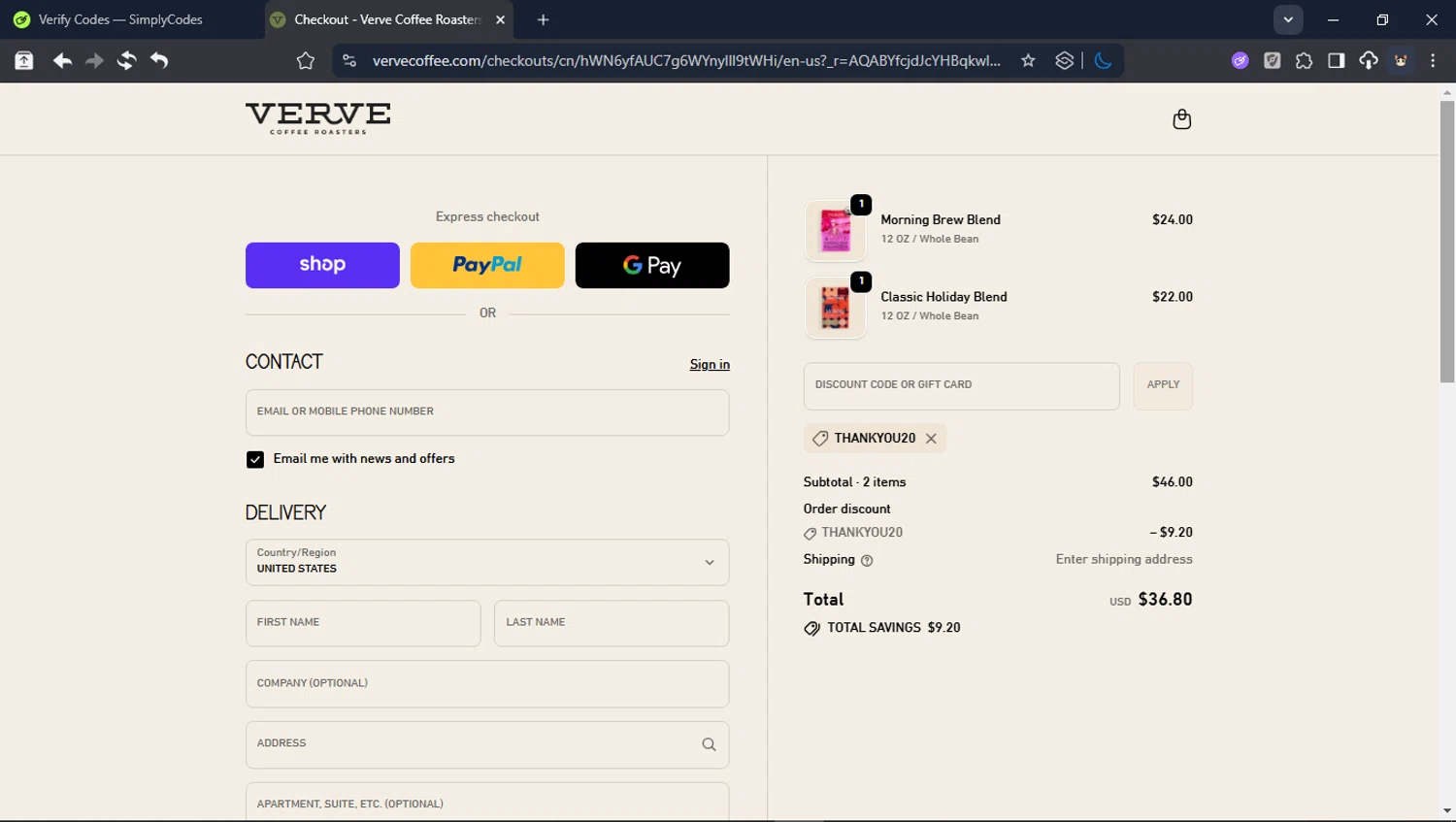 Verve Coffee Roasters discount code screenshot showing code THANKYOU20 applied at Verve Coffee Roasters checkout page. Uploaded by SimplyCodes community member CleverPioneer8971 on Dec 29, 2025