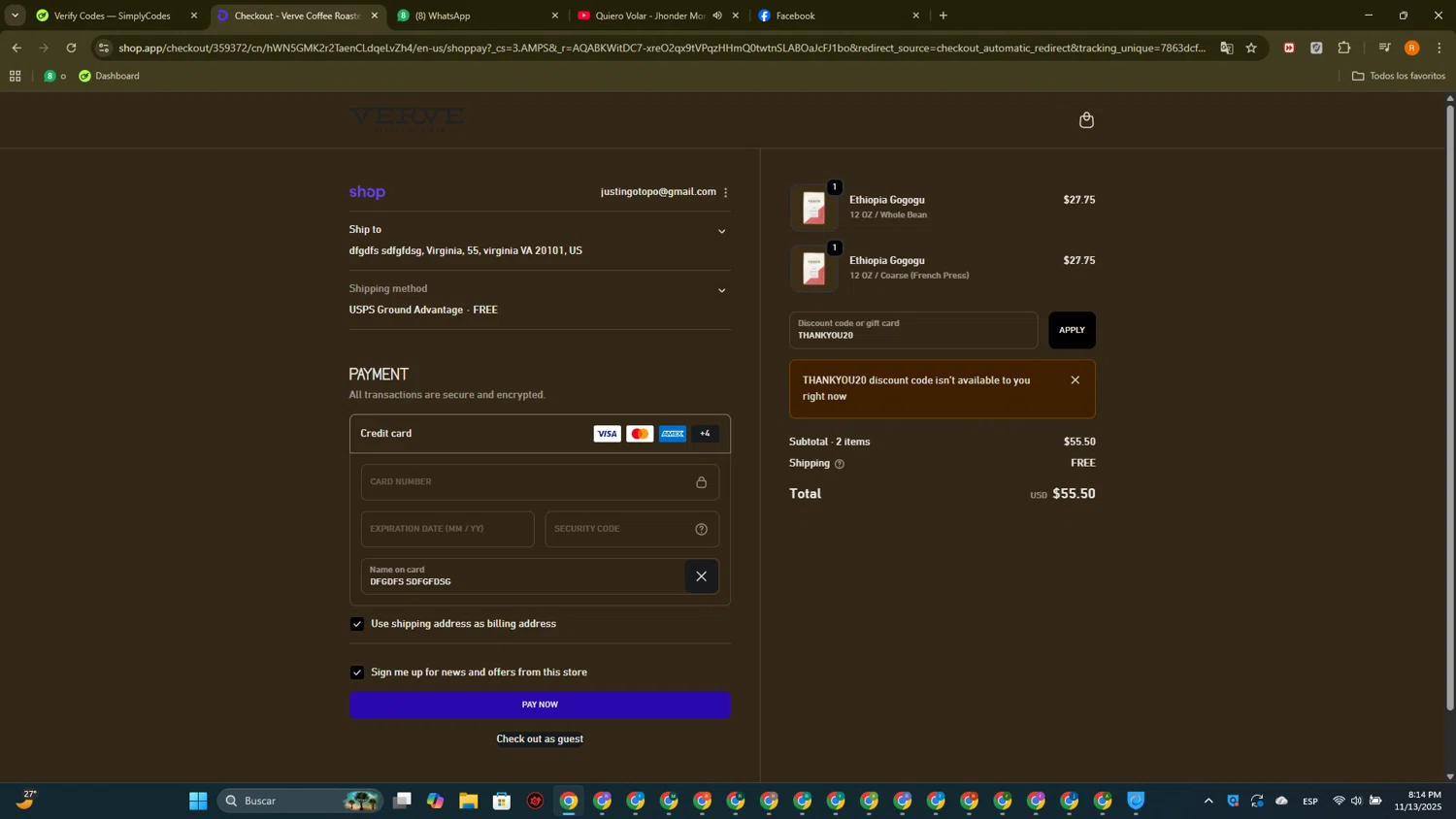 Verve Coffee Roasters discount code screenshot showing code THANKYOU20 applied at Verve Coffee Roasters checkout page. Uploaded by SimplyCodes community member PromoTitan1625 on Nov 14, 2025