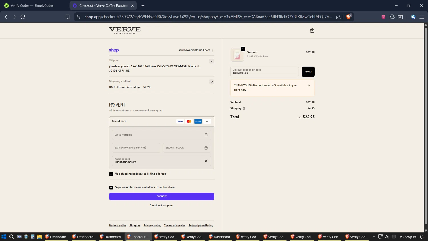 Verve Coffee Roasters discount code screenshot showing code THANKYOU20 applied at Verve Coffee Roasters checkout page. Uploaded by SimplyCodes community member ZoilaPerrita on Nov 3, 2025