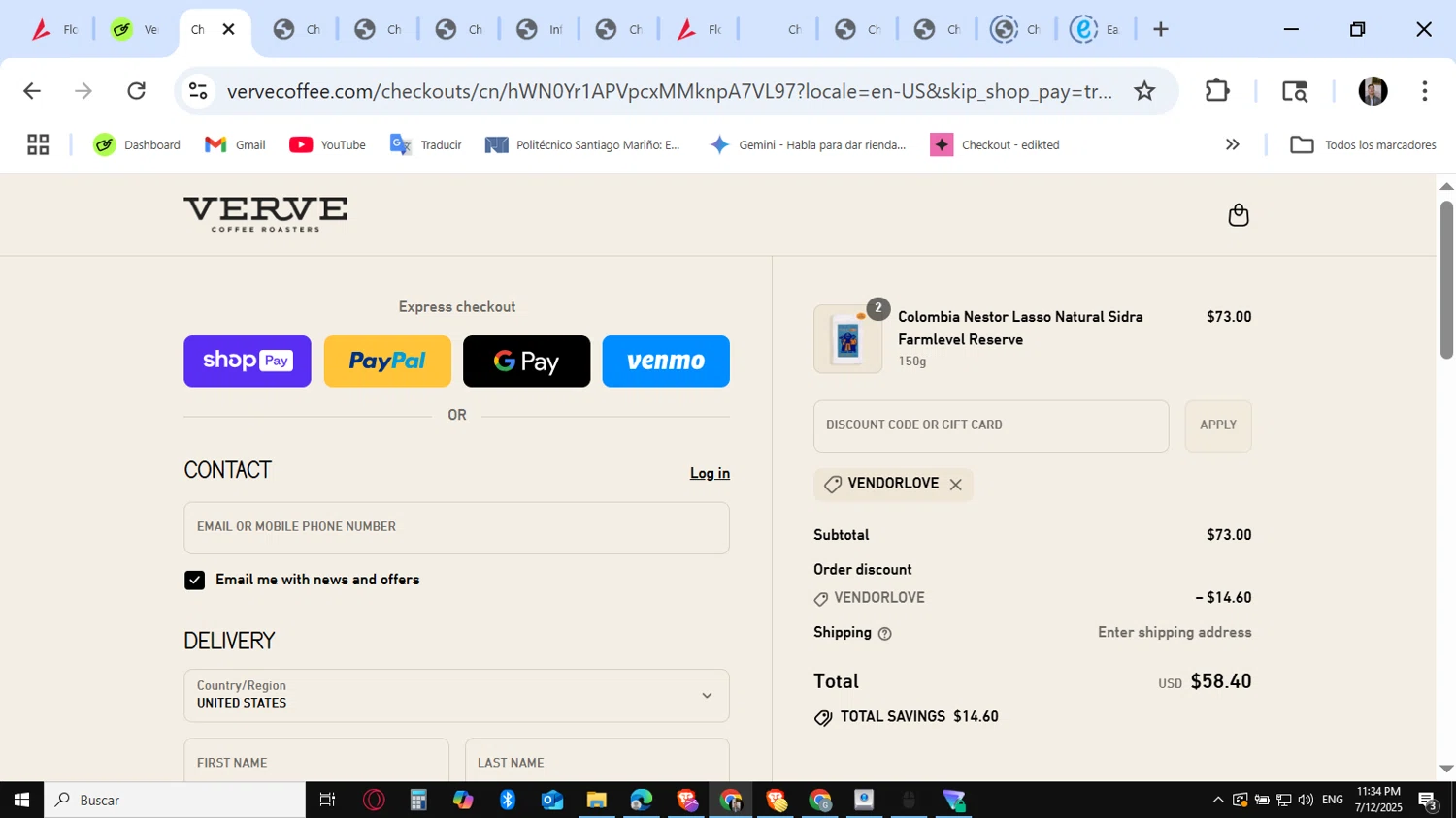 Verve Coffee Roasters discount code screenshot showing code vendorlove applied at Verve Coffee Roasters checkout page. Uploaded by SimplyCodes community member KataldoMustafack on Jul 13, 2025