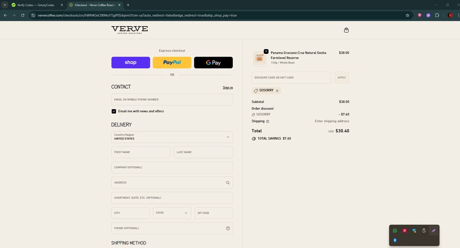 Verve Coffee Roasters discount code screenshot showing code SOSORRY applied at Verve Coffee Roasters checkout page. Uploaded by SimplyCodes community member BrilliantSaver7516 on Oct 18, 2025