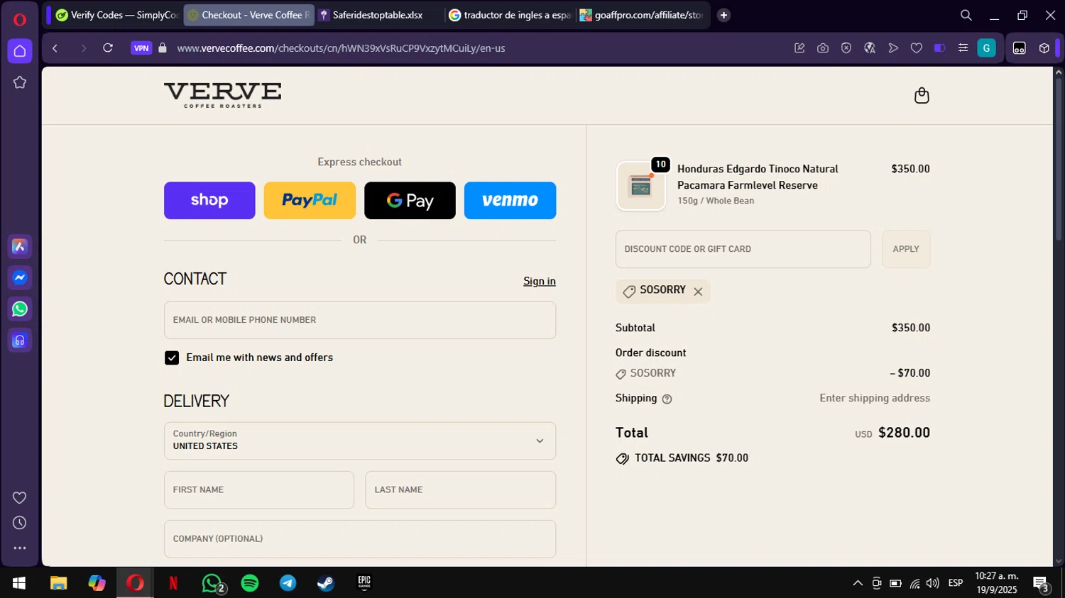 Verve Coffee Roasters discount code screenshot showing code SOSORRY applied at Verve Coffee Roasters checkout page. Uploaded by SimplyCodes community member ValiantWarden3907 on Sep 19, 2025