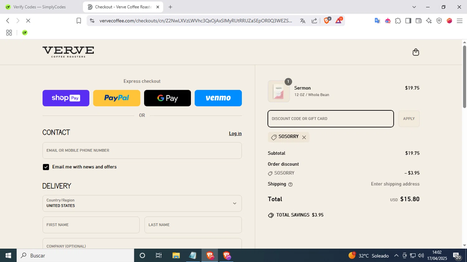 Verve Coffee Roasters discount code screenshot showing code SOSORRY applied at Verve Coffee Roasters checkout page. Uploaded by SimplyCodes community member FrugalKnight7213 on Apr 17, 2025