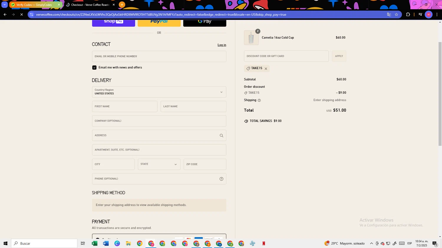 Verve Coffee Roasters discount code screenshot showing code TAKE15 applied at Verve Coffee Roasters checkout page. Uploaded by SimplyCodes community member TokenSleuth5758 on Feb 7, 2025