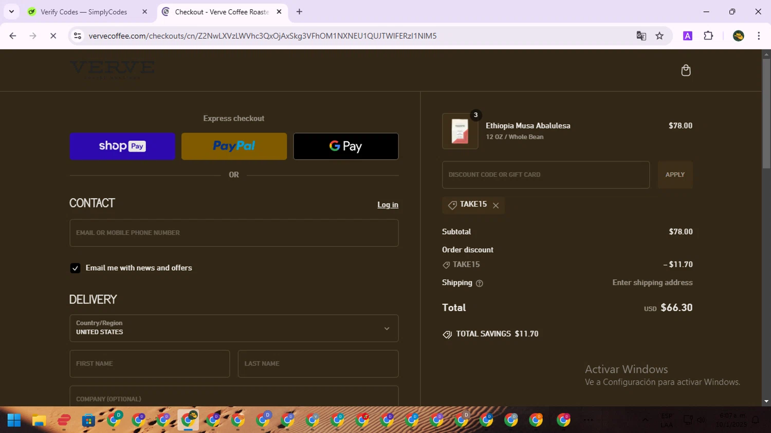 Verve Coffee Roasters discount code screenshot showing code TAKE15 applied at Verve Coffee Roasters checkout page. Uploaded by SimplyCodes community member RewardNavigator9728 on Jan 10, 2025