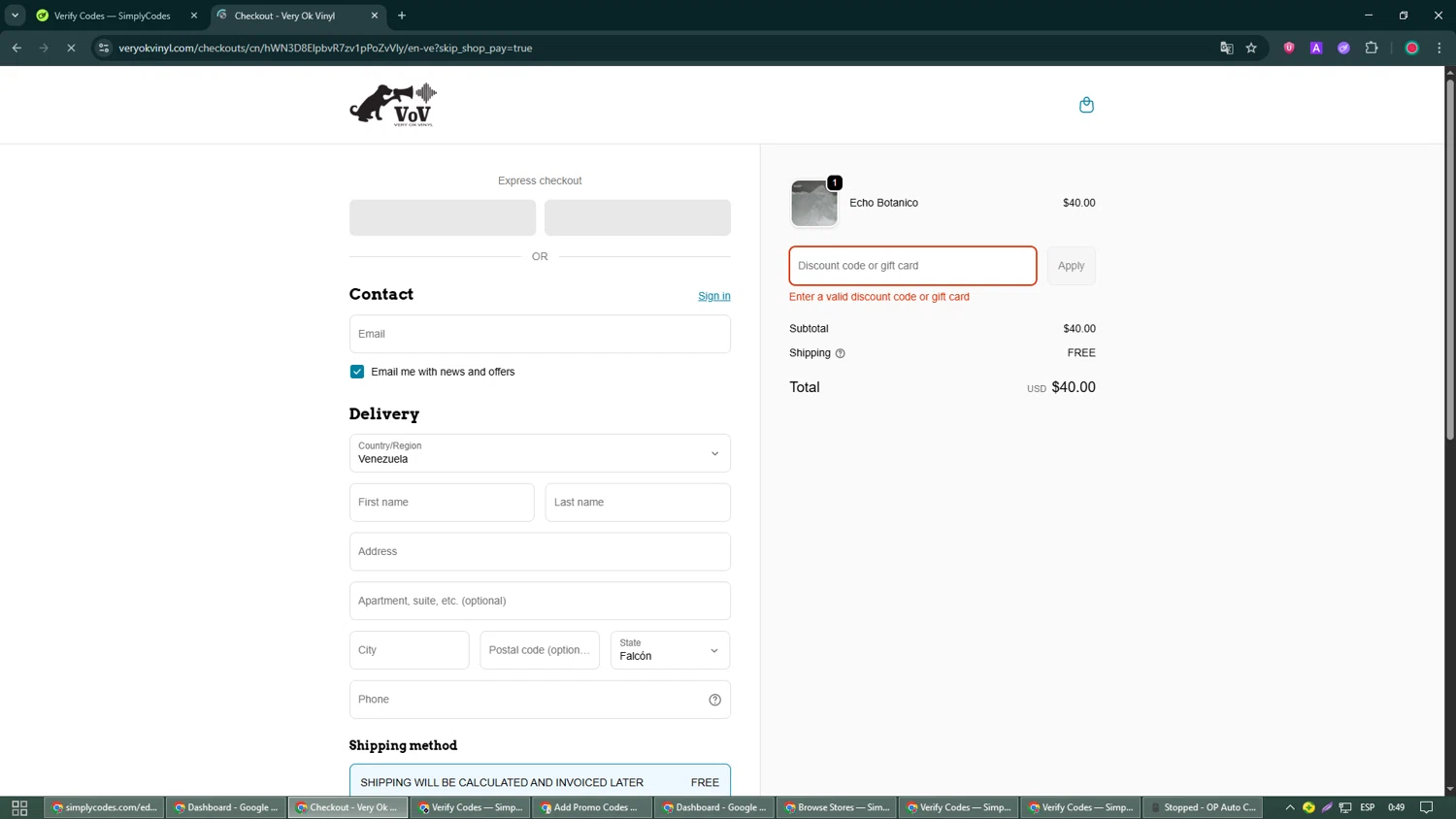 Very Ok Vinyl discount code screenshot showing code NICE applied at Very Ok Vinyl checkout page. Uploaded by SimplyCodes community member William_Jones on Sep 20, 2025