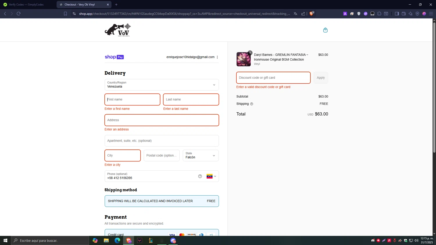 Very Ok Vinyl discount code screenshot showing code Nice:) applied at Very Ok Vinyl checkout page. Uploaded by SimplyCodes community member Tragedy on Jul 31, 2025