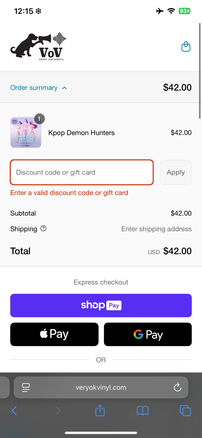 Very Ok Vinyl discount code screenshot showing code Nice:) applied at Very Ok Vinyl checkout page. Uploaded by SimplyCodes community member naimbethak on Jul 31, 2025