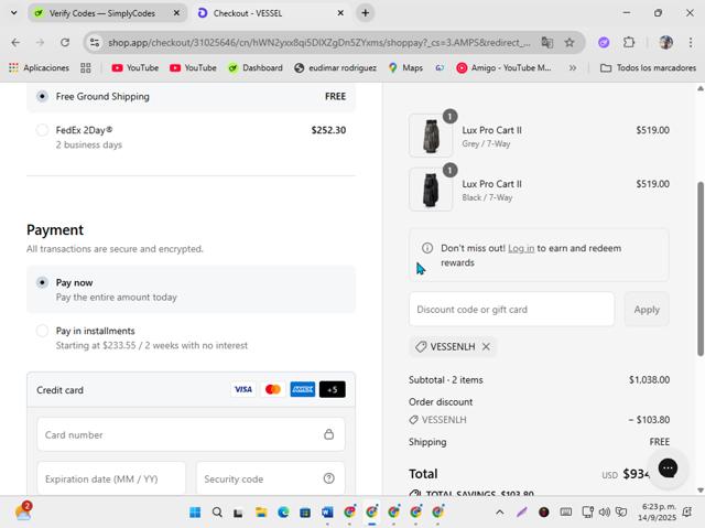 VESSEL checkout page showing VESSEL discount code box | Screenshot taken by SimplyCodes community member on Sep 14, 2025