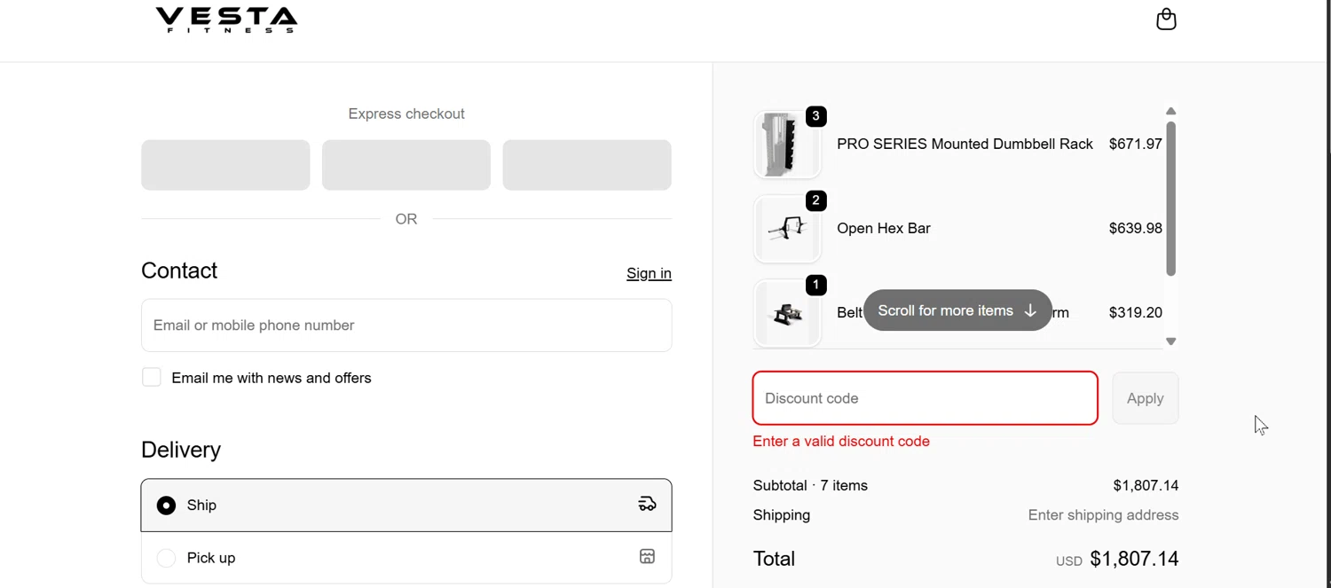 Vesta Fitness discount code screenshot showing code LOCALPICKUP24 applied at Vesta Fitness checkout page. Uploaded by SimplyCodes community member Bope_________ on Dec 1, 2025