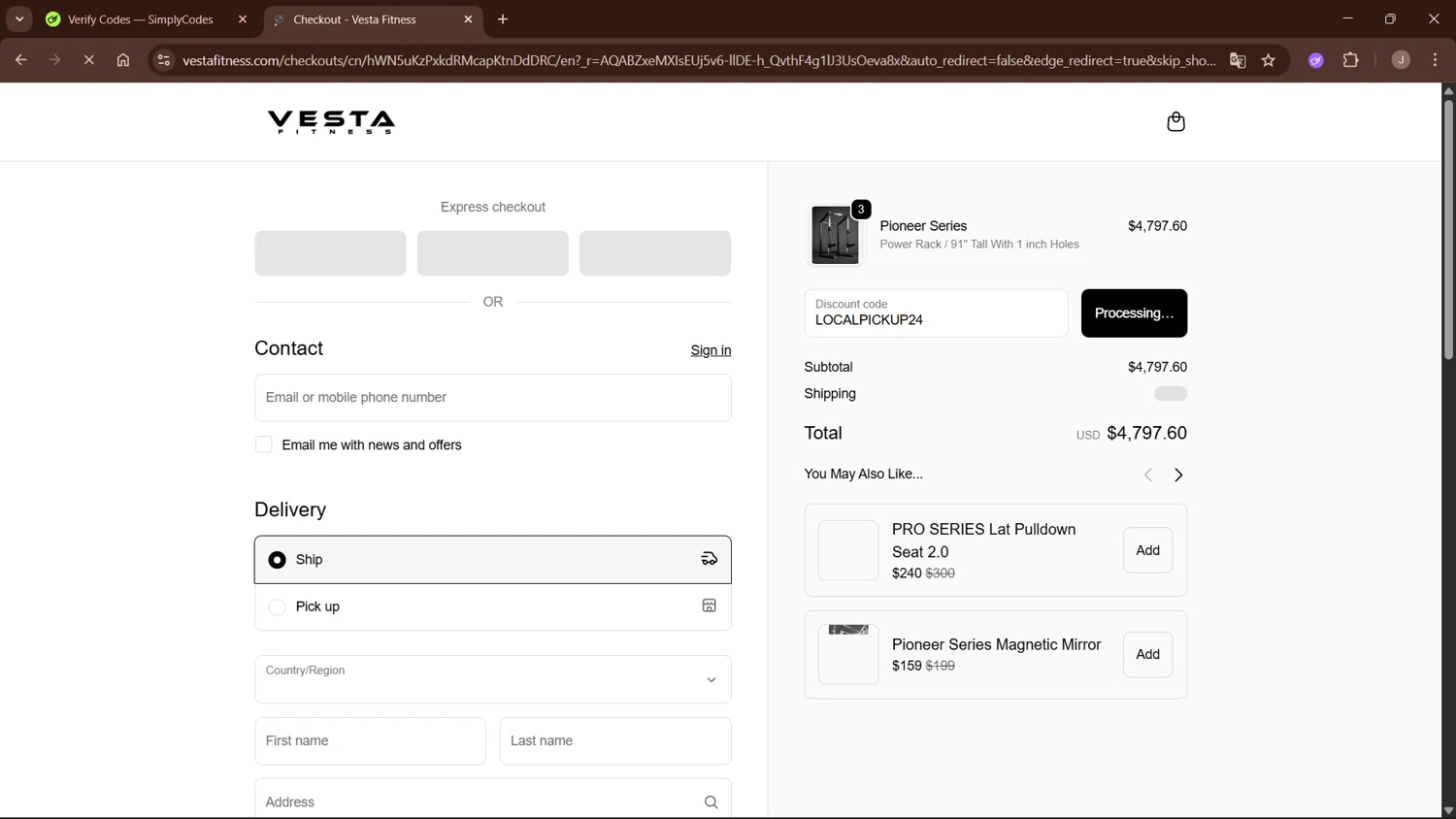 Vesta Fitness discount code screenshot showing code LOCALPICKUP24 applied at Vesta Fitness checkout page. Uploaded by SimplyCodes community member WisePro3955 on Nov 30, 2025