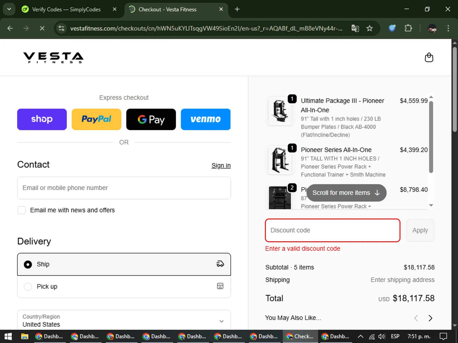 Vesta Fitness discount code screenshot showing code LOCALPICKUP24 applied at Vesta Fitness checkout page. Uploaded by SimplyCodes community member WonderCurator791 on Nov 30, 2025
