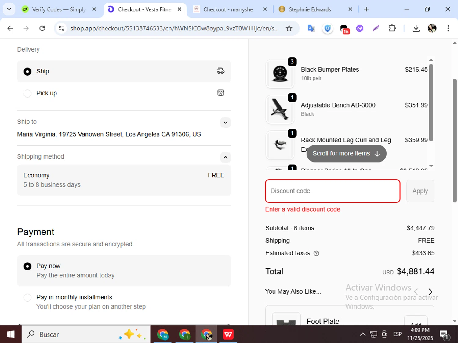 Vesta Fitness discount code screenshot showing code Thankyou10 applied at Vesta Fitness checkout page. Uploaded by SimplyCodes community member mariapolancog on Nov 25, 2025