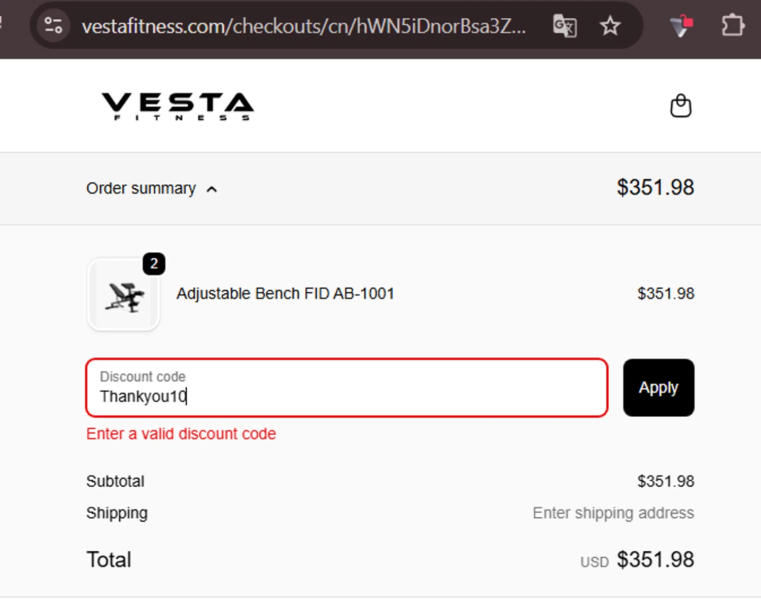 Vesta Fitness discount code screenshot showing code Thankyou10 applied at Vesta Fitness checkout page. Uploaded by SimplyCodes community member zhandrik on Nov 25, 2025