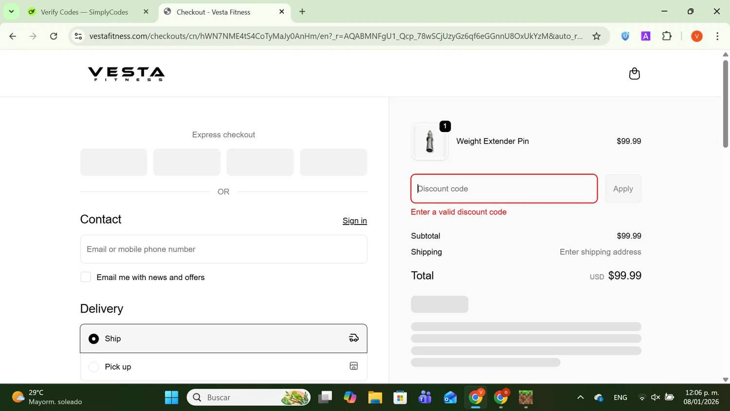Vesta Fitness discount code screenshot showing code GETBFCM applied at Vesta Fitness checkout page. Uploaded by SimplyCodes community member SavingsCaptain8190 on Jan 8, 2026