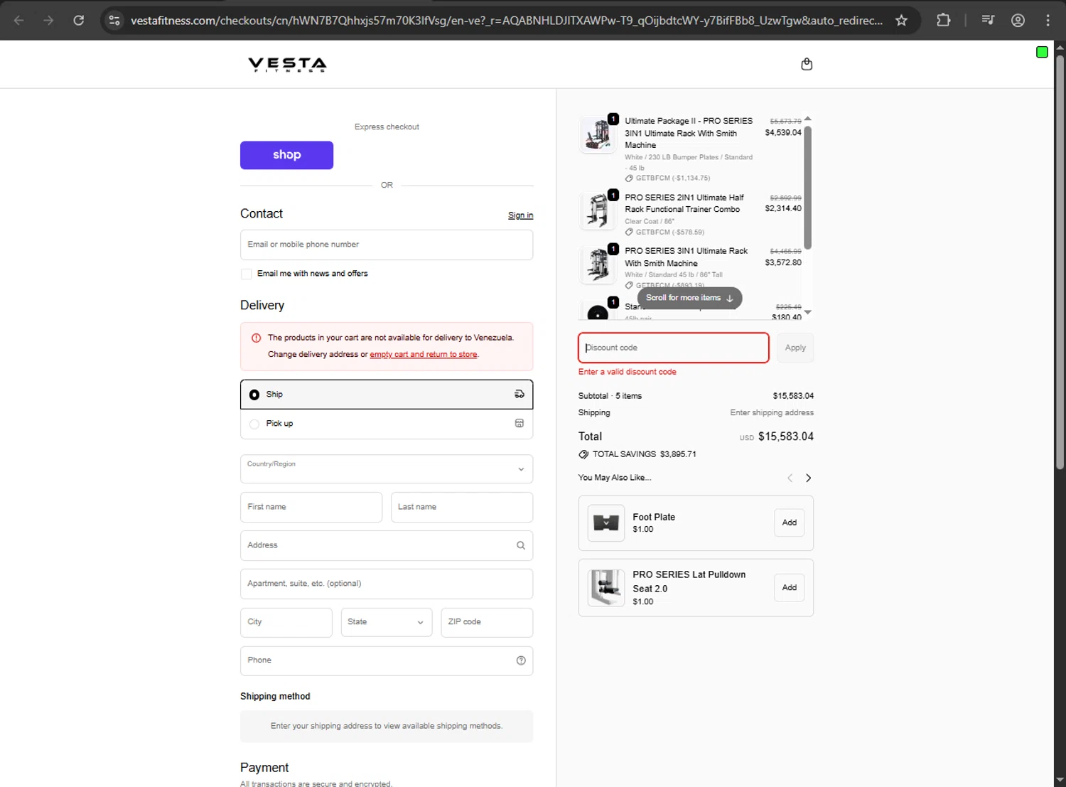 Vesta Fitness discount code screenshot showing code GETBFCM applied at Vesta Fitness checkout page. Uploaded by SimplyCodes community member webiwabo on Jan 3, 2026