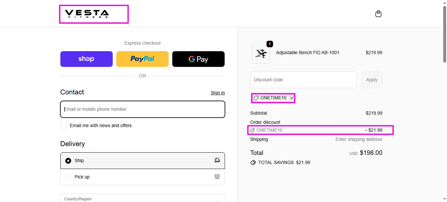 Vesta Fitness discount code screenshot showing code OneTime10 applied at Vesta Fitness checkout page. Uploaded by SimplyCodes community member mrdarcy on Feb 12, 2026