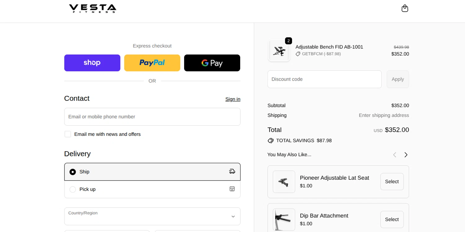 Vesta Fitness discount code screenshot showing code GETBFCM applied at Vesta Fitness checkout page. Uploaded by SimplyCodes community member reimalave10 on Dec 31, 2025
