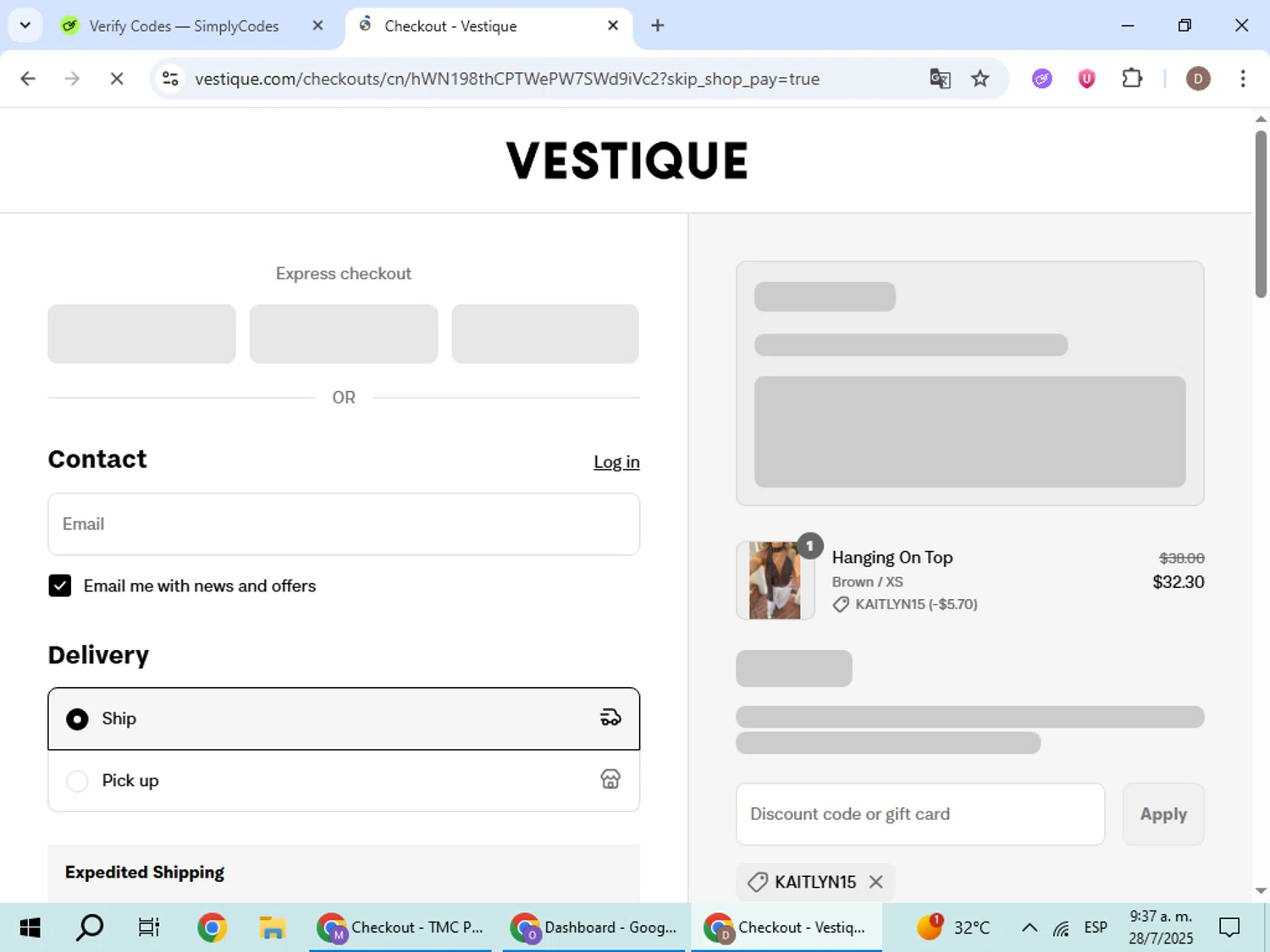 Vestique discount code screenshot showing code Kaitlyn15 applied at Vestique checkout page. Uploaded by SimplyCodes community member BrilliantWizard8884 on Jul 28, 2025