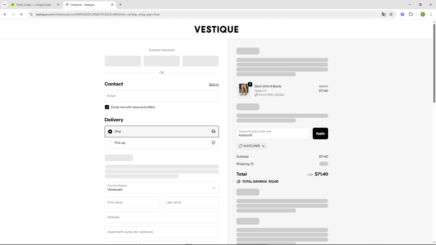 Vestique discount code screenshot showing code Kaitlyn15 applied at Vestique checkout page. Uploaded by SimplyCodes community member SUZUKIV on Sep 18, 2025