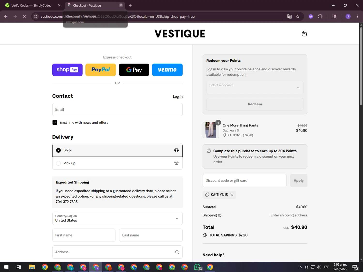 Vestique discount code screenshot showing code Kaitlyn15 applied at Vestique checkout page. Uploaded by SimplyCodes community member ValueHero2277 on Jul 24, 2025