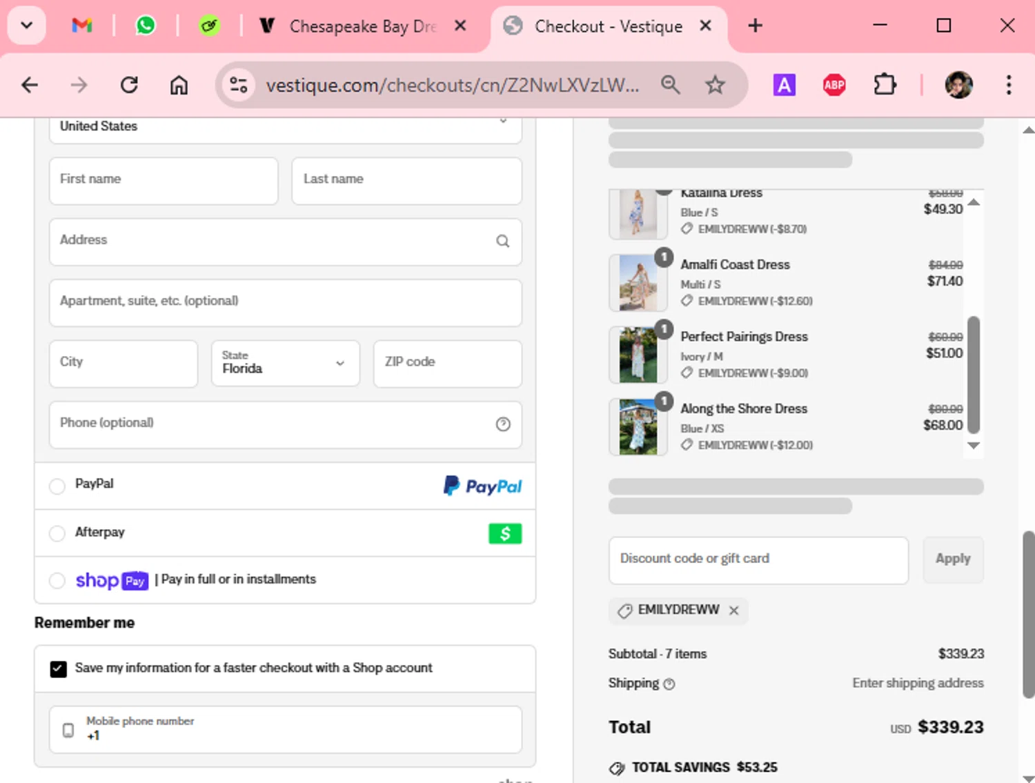 Vestique discount code screenshot showing code EMILYDREWW applied at Vestique checkout page. Uploaded by SimplyCodes community member Scarleth_2GGD on Apr 28, 2025