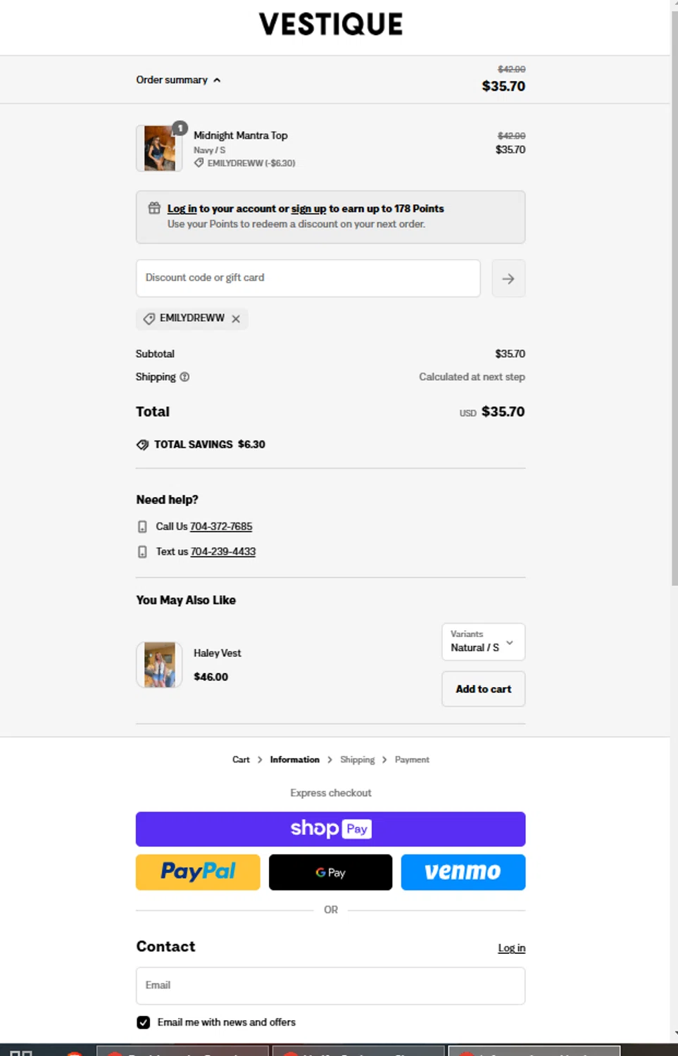 Vestique discount code screenshot showing code EMILYDREWW applied at Vestique checkout page. Uploaded by SimplyCodes community member alejandroadrianza on Feb 14, 2025