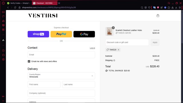 Vestirsi checkout page showing Vestirsi discount code box | Screenshot taken by SimplyCodes community member on Aug 28, 2025