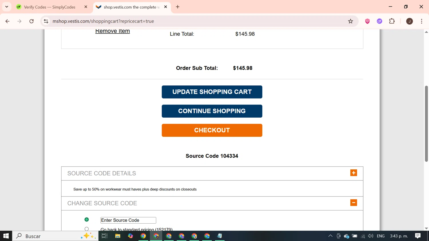 Vestis Uniform promo code screenshot showing code 104334 applied at Vestis Uniform checkout page. Uploaded by SimplyCodes community member PrimeGenius2371 on Aug 31, 2025