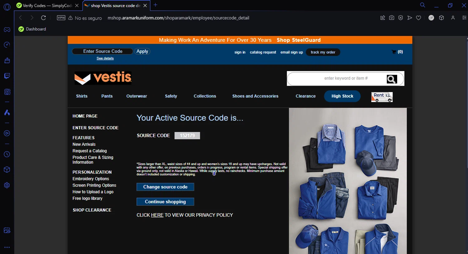Vestis Uniform checkout page showing Vestis Uniform promo code box | Screenshot taken by SimplyCodes community member on Dec 26, 2024