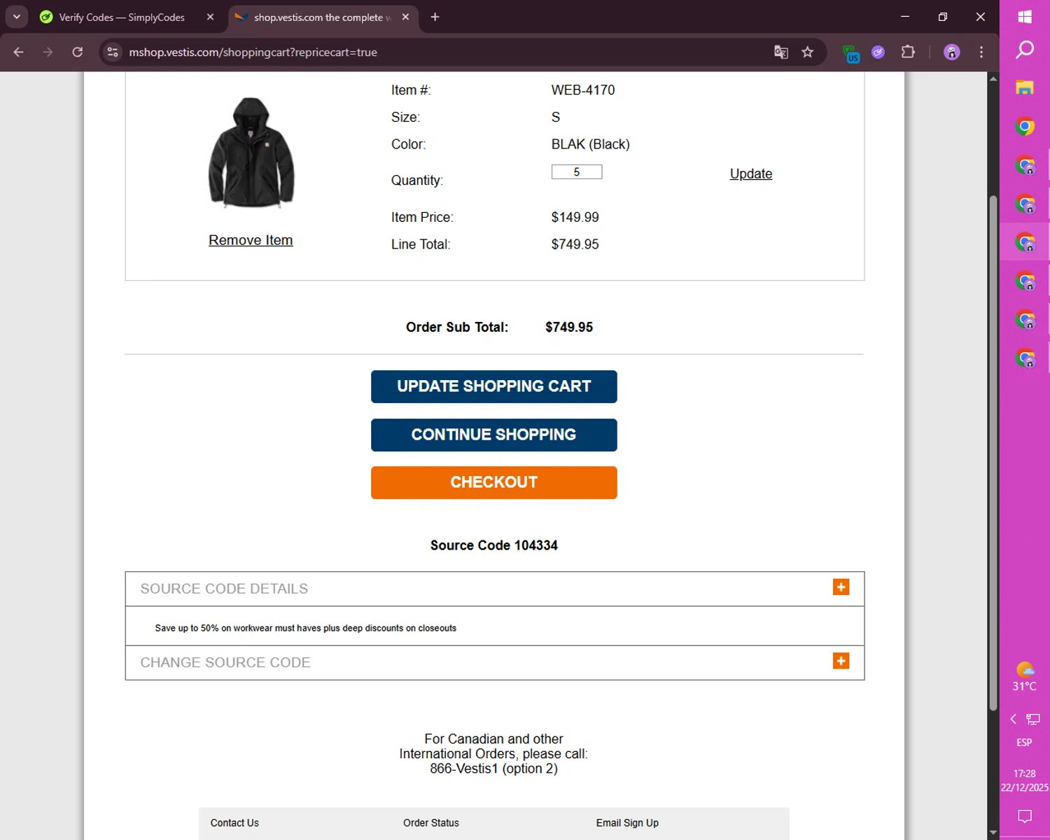 Vestis Uniform promo code screenshot showing code 104334 applied at Vestis Uniform checkout page. Uploaded by SimplyCodes community member mileSalima on Dec 22, 2025