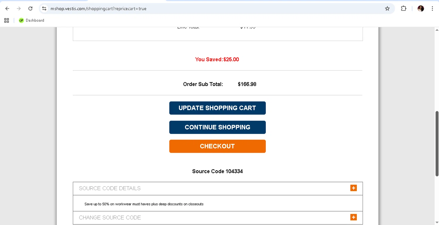 Vestis Uniform promo code screenshot showing code 104334 applied at Vestis Uniform checkout page. Uploaded by SimplyCodes community member monicacaraballo on Oct 27, 2025