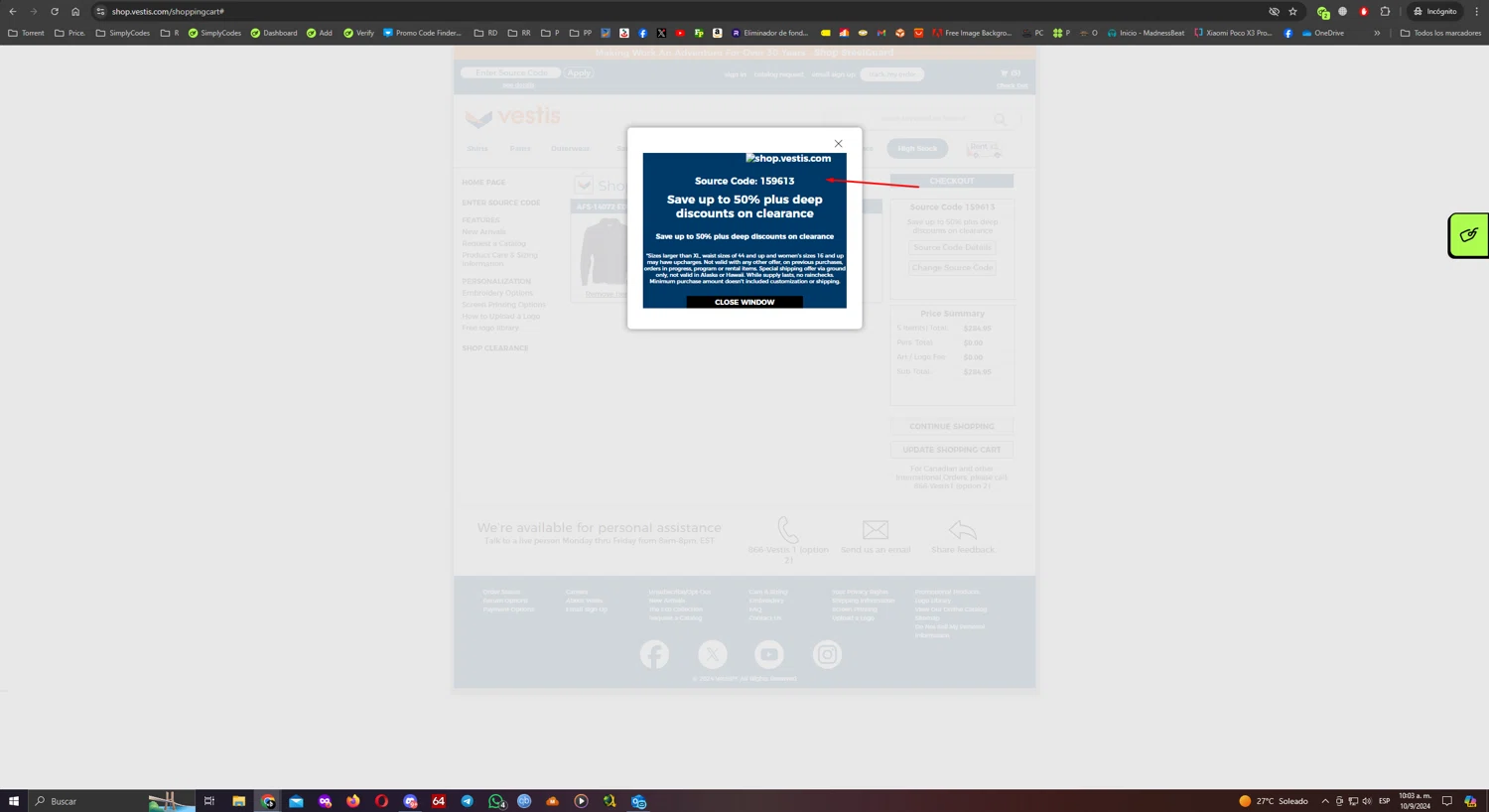 Vestis Uniform promo code screenshot showing code 159613 applied at Vestis Uniform checkout page. Uploaded by SimplyCodes community member UnkNownVnzla on Sep 10, 2024