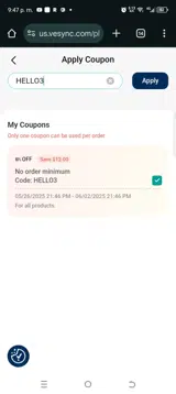 HELLO3 coupon verification screenshot