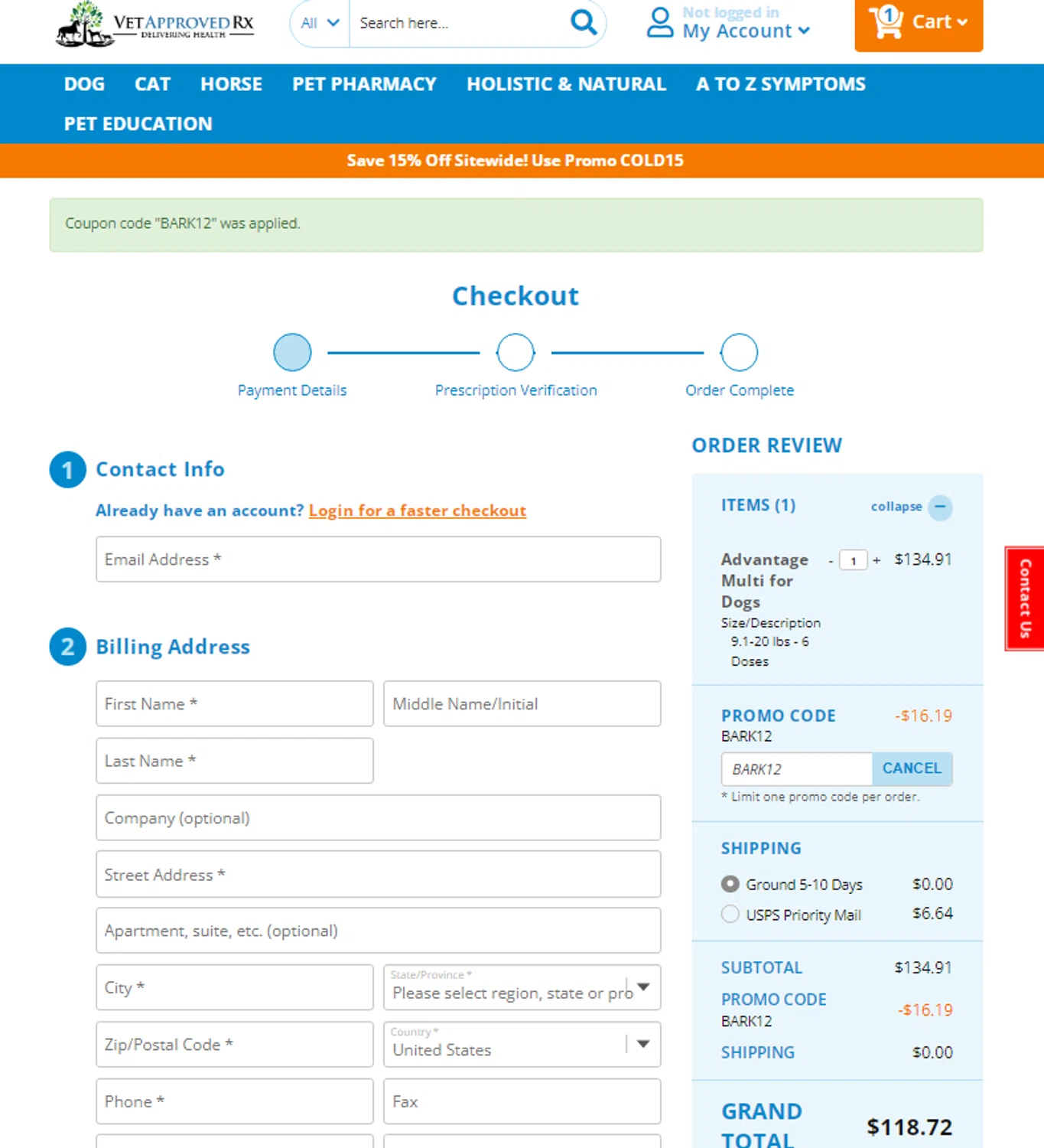 where to use Vet Approved Rx promo code box