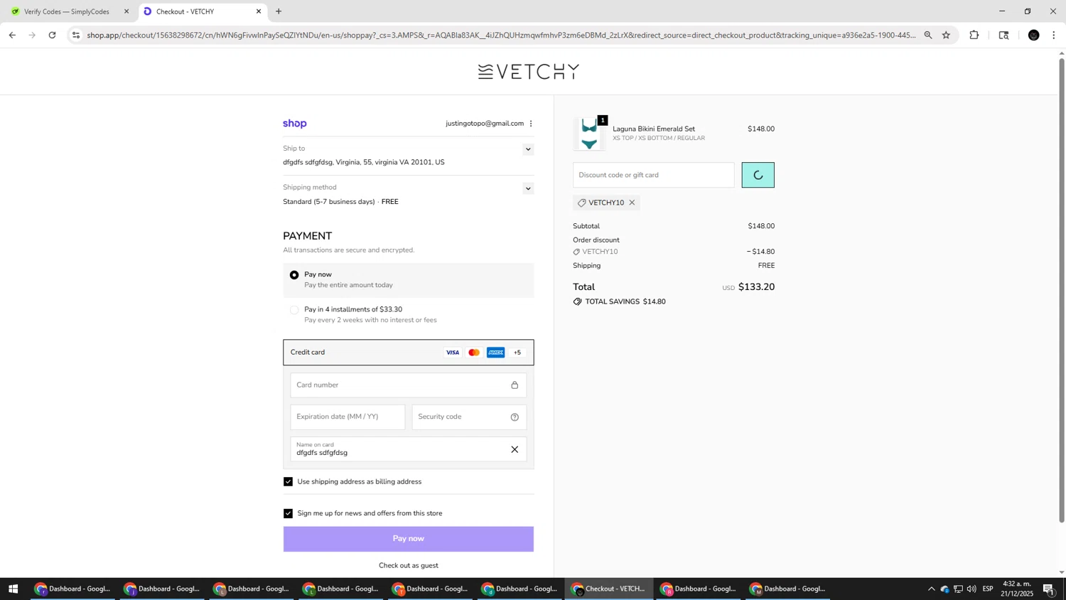 VETCHY SWIMWEAR discount code screenshot showing code VETCHY10 applied at VETCHY SWIMWEAR checkout page. Uploaded by SimplyCodes community member Salometta on Dec 21, 2025