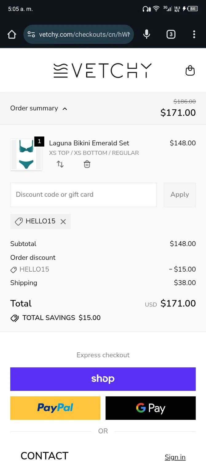 VETCHY SWIMWEAR discount code screenshot showing code HELLO15 applied at VETCHY SWIMWEAR checkout page. Uploaded by SimplyCodes community member Nickurtdale on Dec 21, 2025