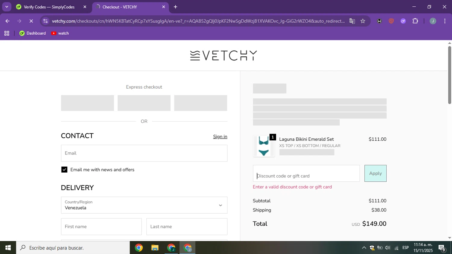 VETCHY SWIMWEAR discount code screenshot showing code HELLO15 applied at VETCHY SWIMWEAR checkout page. Uploaded by SimplyCodes community member ShieldSpotter3995 on Nov 15, 2025