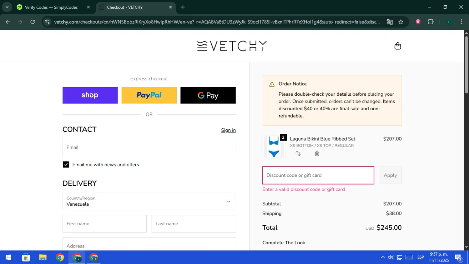 VETCHY SWIMWEAR discount code screenshot showing code sarah15 applied at VETCHY SWIMWEAR checkout page. Uploaded by SimplyCodes community member rodri1 on Nov 12, 2025
