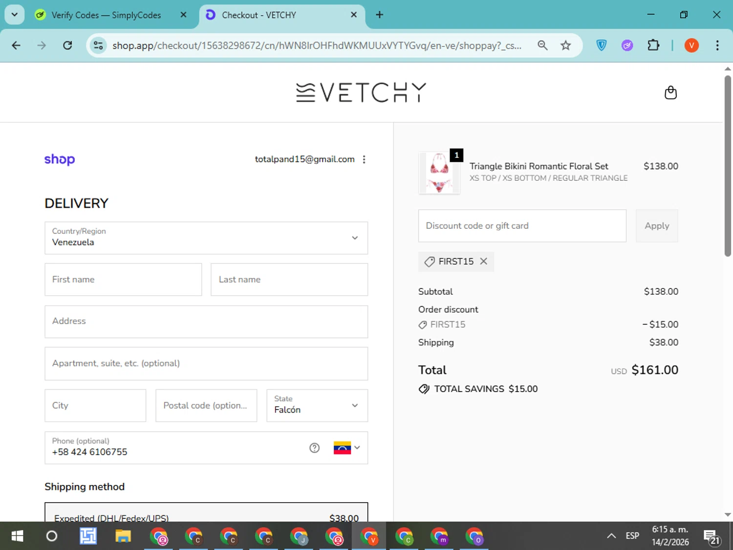 VETCHY SWIMWEAR checkout page showing VETCHY SWIMWEAR discount code box | Screenshot taken by SimplyCodes community member on Feb 14, 2026