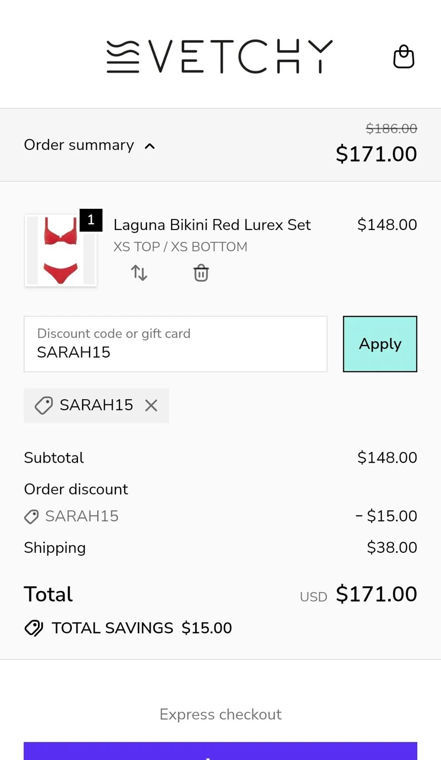 VETCHY SWIMWEAR discount code screenshot showing code SARAH15 applied at VETCHY SWIMWEAR checkout page. Uploaded by SimplyCodes community member JuanMonge on Dec 21, 2025